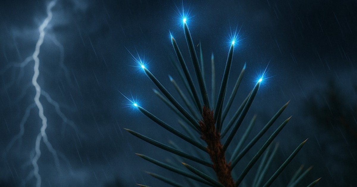 Bilim insanları ilk kez görüntüledi! Gök gürültülü fırtınalarda ağaç yapraklarının uçları gizemli bir mavi ışıkla parlıyor!