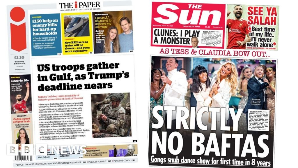 ‘US troops gather in Gulf’ and ‘Strictly No Baftas’